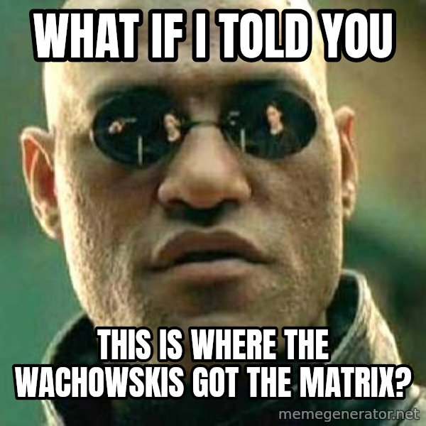 What if I told you / Matrix Morpheus meme: WHAT IF I TOLD YOU / THIS IS WHERE THE WACHOWSKIS GOT THE MATRIX?
