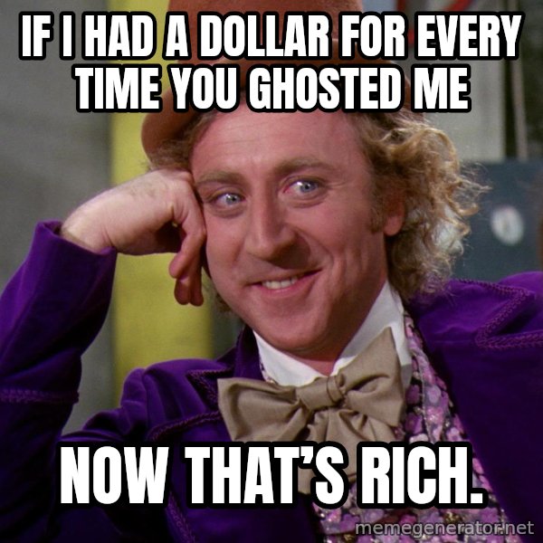 Willy Wonka meme: If I had a dollar for every time you ghosted me / Now that’s rich.