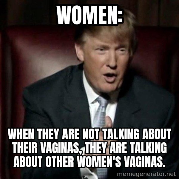 Donald Trump meme: women: / when they are not talking about their vaginas, they are talking about other women's vaginas.