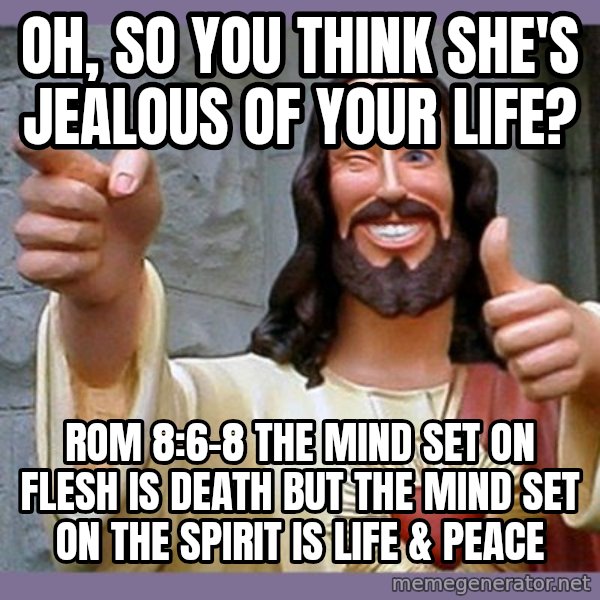 buddy jesus meme: Oh, so you think she's jealous of your life? / Rom 8:6-8 The mind set on flesh is death but the mind set on the Spirit is life & peace