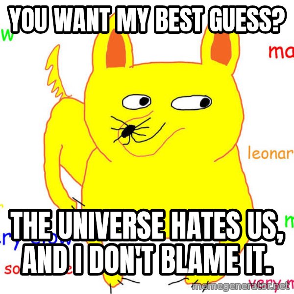 Grumpy Cat  meme: You want my best guess? / The universe hates us, and I don't blame it.