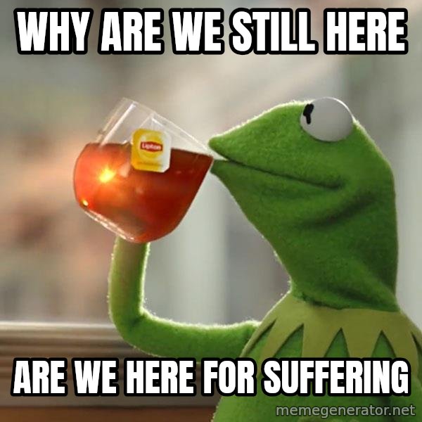 Kermit The Frog Drinking Tea meme: why are we still here / are we here for suffering