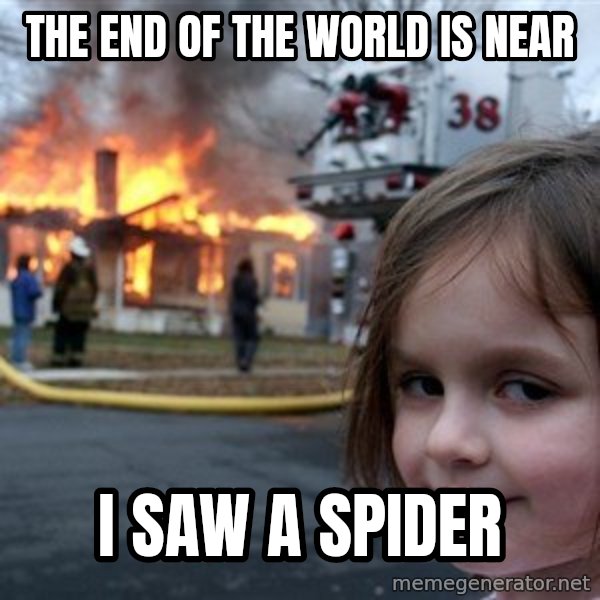 Disaster Girl meme: THE END OF THE WORLD IS NEAR / I SAW A SPIDER