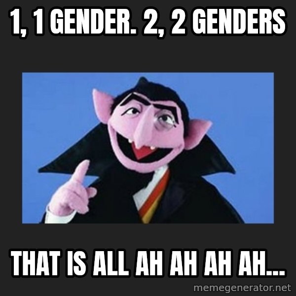 The Count from Sesame Street meme: 1, 1 gender. 2, 2 genders / that is all ah ah ah ah...