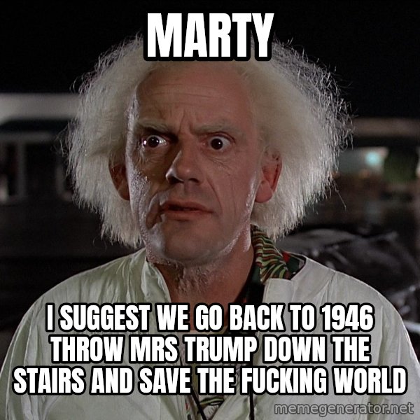 Doc Brown Back to the Future meme: marty / i suggest we go back to 1946 throw mrs trump down the stairs and save the fucking world