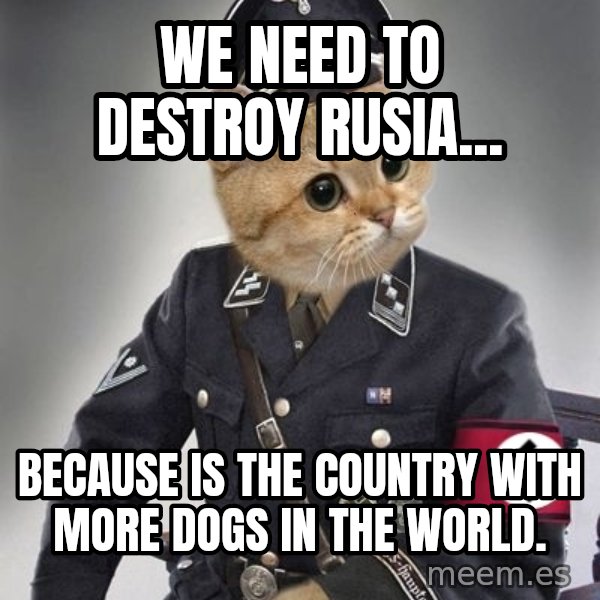 Nazi Cat meme: We need to destroy Rusia... / Because is the country with more dogs in the world.