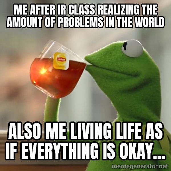 Kermit The Frog Drinking Tea meme: ME AFTER IR CLASS REALIZING THE AMOUNT OF PROBLEMS IN THE WORLD / ALSO ME LIVING LIFE AS IF EVERYTHING IS OKAY...