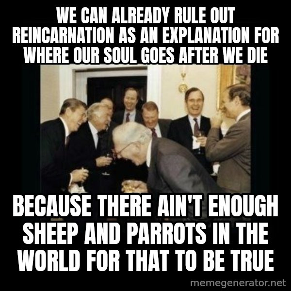 Rich Men Laughing meme: We can already rule out reincarnation as an explanation for where our soul goes after we die / Because there ain't enough sheep and parrots in the world for that to be true