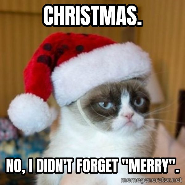 Grumpy Cat Santa Hat meme: Christmas. / No, I didn't forget "merry".