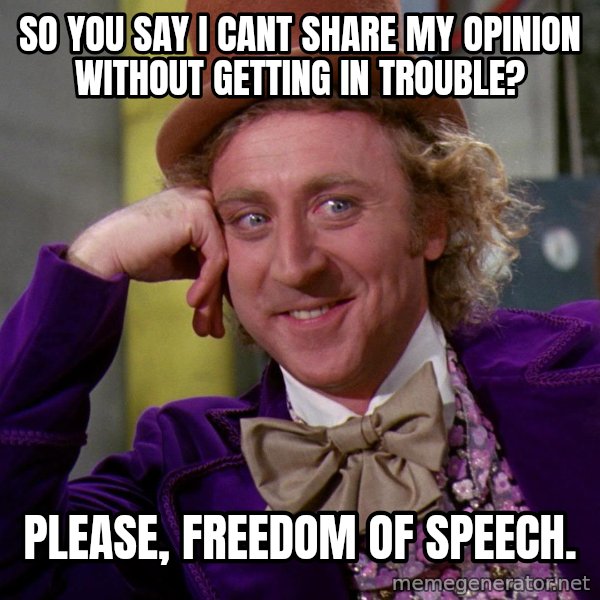 Willy Wonka meme: So you say I cant share my opinion without getting in trouble? / Please, freedom of speech.