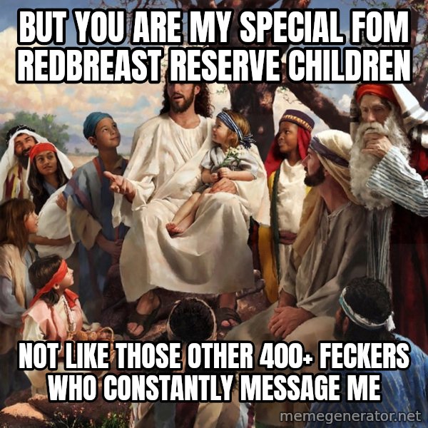 storytime jesus meme: But you are my special FOM Redbreast reserve children / Not like those other 400+ feckers who constantly message me