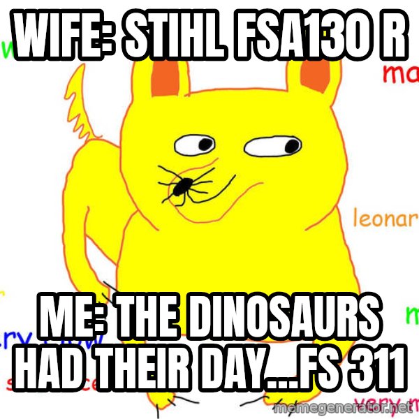 Grumpy Cat  meme: Wife: Stihl FSA130 R / Me: the dinosaurs had their day...FS 311