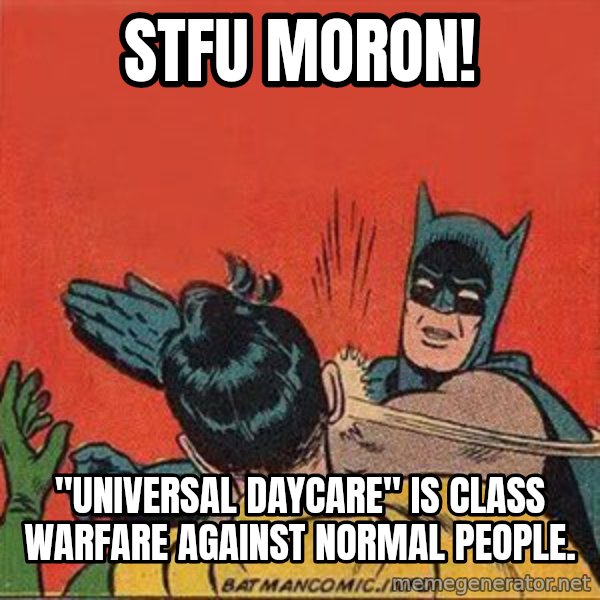batman slap robin meme: STFU Moron! / "Universal daycare" is class warfare against normal people.