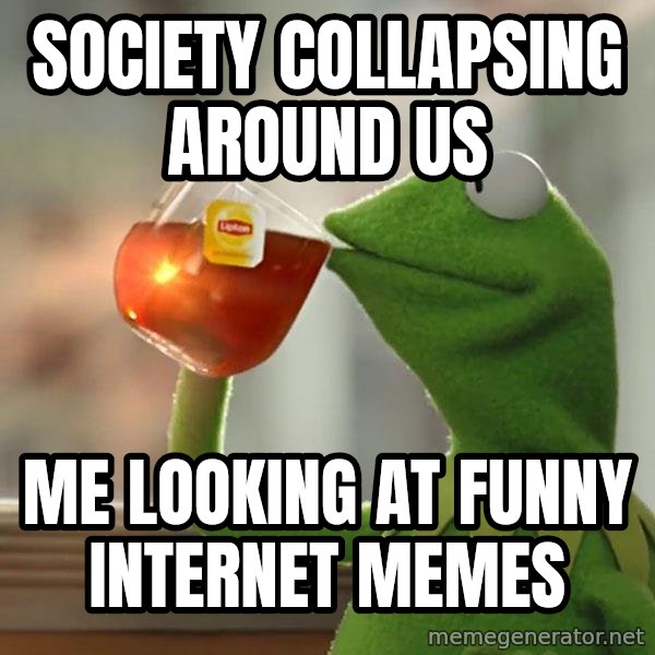 Kermit The Frog Drinking Tea meme: SOCIETY COLLAPSING AROUND US / ME LOOKING AT FUNNY INTERNET MEMES