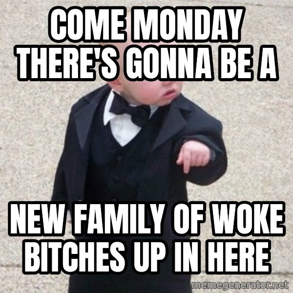 Mafia Baby meme: Come Monday there's gonna be a / New family of woke bitches up in here