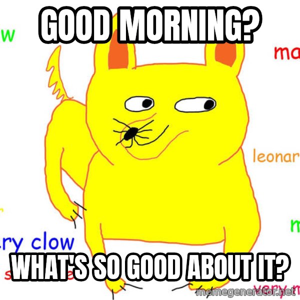 Grumpy Cat  meme: Good morning? / What's so good about it?