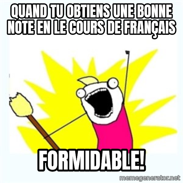 All the things meme: Quand tu obtiens une bonne note en le cours de français / Formidable!