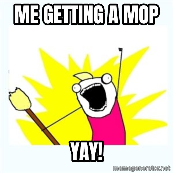 All the things meme: Me getting a mop / Yay!