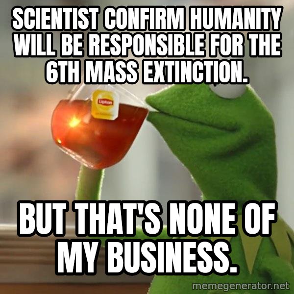 Kermit The Frog Drinking Tea meme: Scientist confirm humanity will be responsible for the 6th mass extinction. / But that's none of my business.