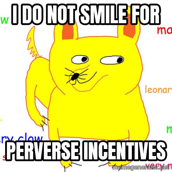 Grumpy Cat  meme: I do not smile for / perverse incentives