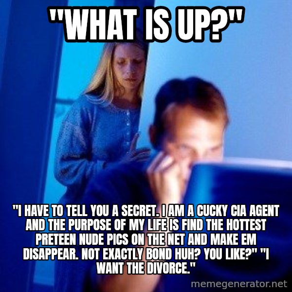 Internet Husband meme: "what is up?" / "I have to tell you a secret. I am a cucky CIA agent and the purpose of my life is find the hottest preteen nude pics on the net and make em disappear. not exactly bond huh? you like?" "I want the divorce."