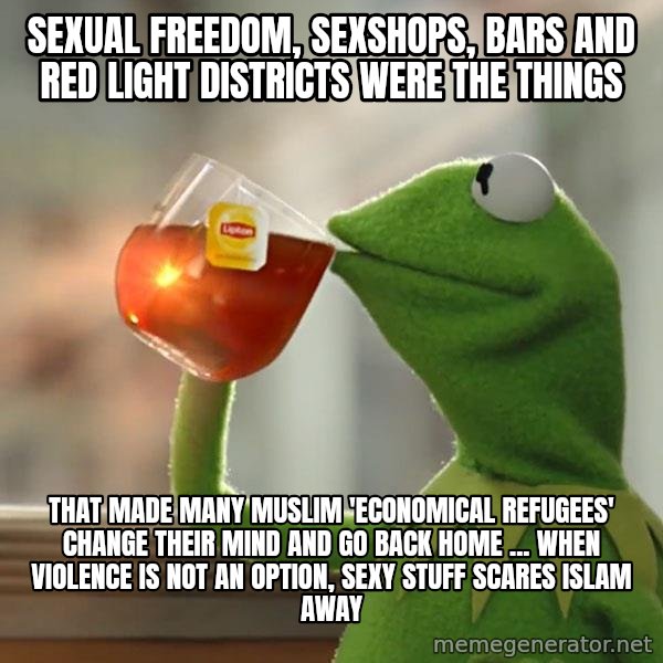 Kermit The Frog Drinking Tea meme: sexual freedom, sexshops, bars and red light districts were the things / that made many muslim 'economical refugees' change their mind and go back home ... when violence is not an option, sexy stuff scares islam away