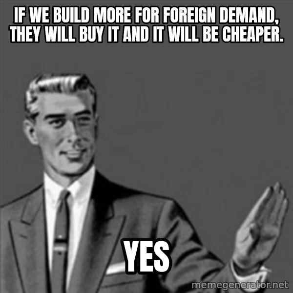 Correction Guy meme: If we build more for foreign demand, they will buy it and it will be cheaper. / Yes