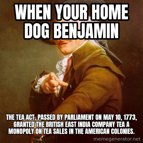 Joseph Ducreux meme: When your home dog benjamin / The Tea Act, passed by Parliament on May 10, 1773, granted the British East India Company Tea a monopoly on tea sales in the American colonies.
