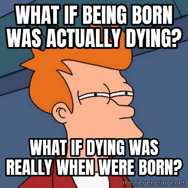 Futurama Fry meme: What if being born was actually dying? / What if dying was really when were born?