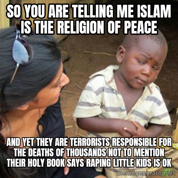 Skeptical 3rd World Kid meme: so you are telling me islam is the religion of peace / and yet they are terrorists responsible for the deaths of thousands not to mention their holy book says raping little kids is ok