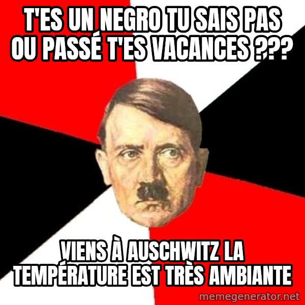 Advice Hitler meme: T'es un negro tu sais pas ou passé t'es vacances ??? / Viens à Auschwitz la température est très ambiante