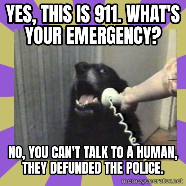 Yes, this is dog! meme: Yes, this is 911. What's your emergency? / No, you can't talk to a human, they defunded the police.