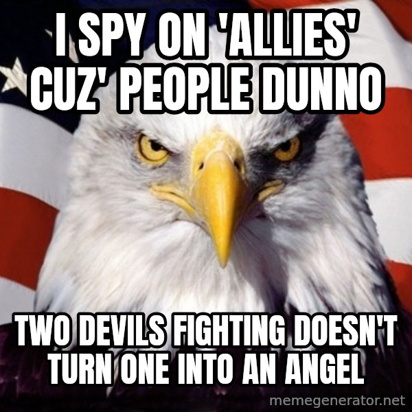 American Pride Eagle meme: I spy on 'allies' cuz' people dunno / two devils fighting doesn't turn one into an angel