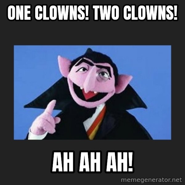 The Count from Sesame Street meme: One clowns! Two clowns! / Ah Ah Ah!