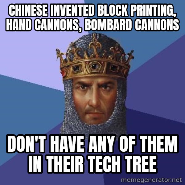 Age Of Empires meme: Chinese invented block printing, hand cannons, bombard cannons / don't have any of them in their tech tree