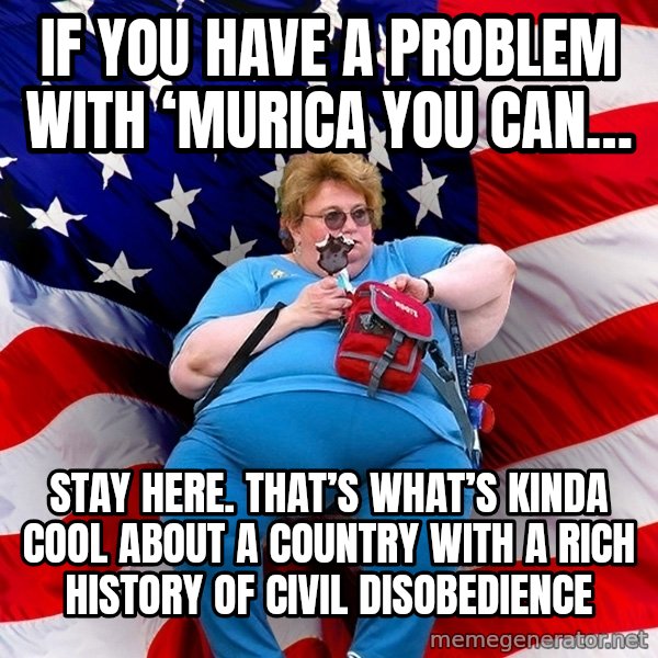 Obese American meme: If you have a problem with ‘MURICA you can… / Stay here. That’s what’s kinda cool about a country with a rich history of Civil Disobedience