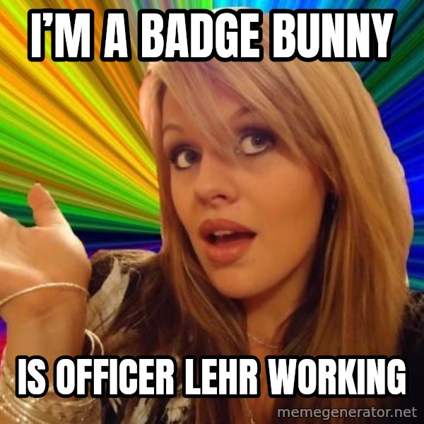 Dumb Blonde meme: I’m a Badge Bunny / Is officer Lehr working