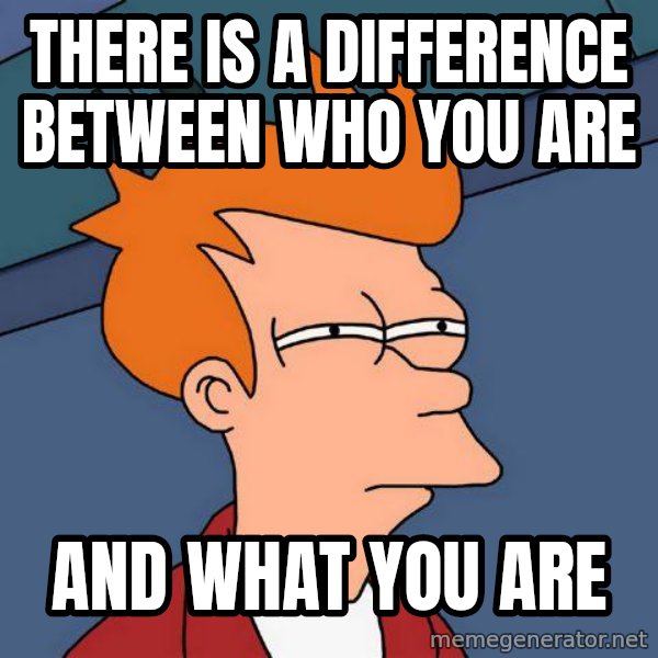 Futurama Fry meme: There is a difference between who you are / And WHAT you are