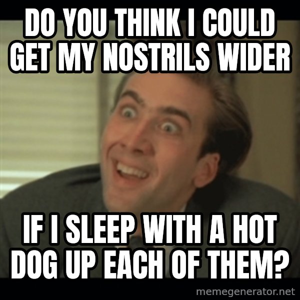 Nick Cage meme: Do you think I could get my nostrils wider / if I sleep with a hot dog up each of them?