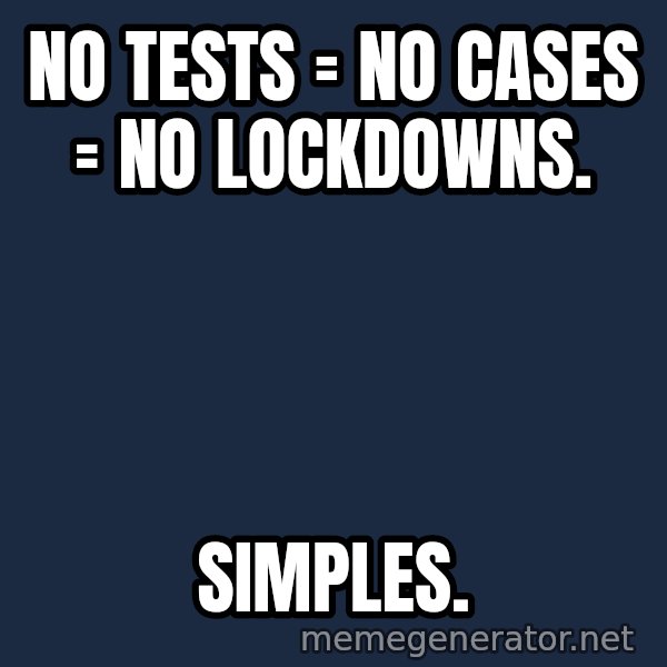 Misophonia Meerkat meme: NO TESTS = NO CASES = NO LOCKDOWNS. / SIMPLES.