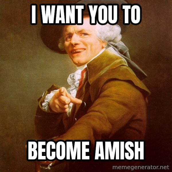 Joseph Ducreux meme: I want you to / Become Amish