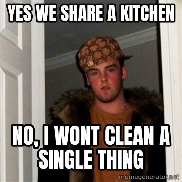 Scumbag Steve meme: Yes we share a kitchen / no, i wont clean a single thing
