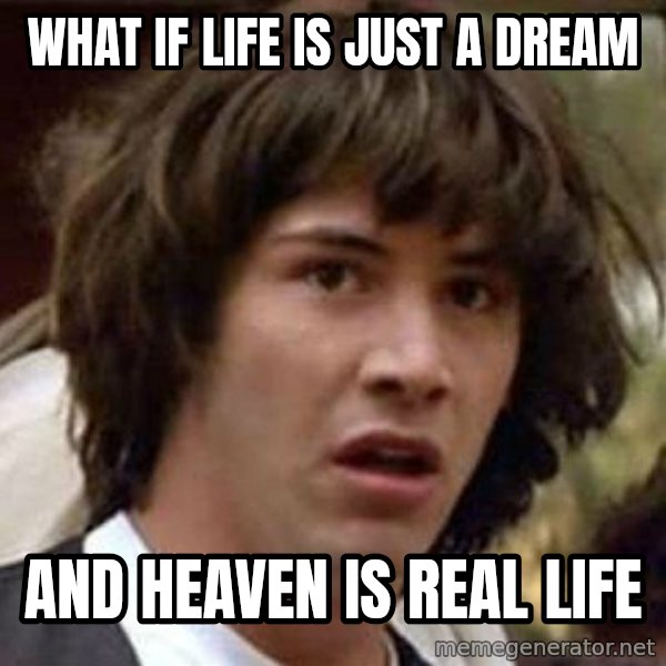 Conspiracy Keanu meme: What if life is just a dream / And heaven is real life