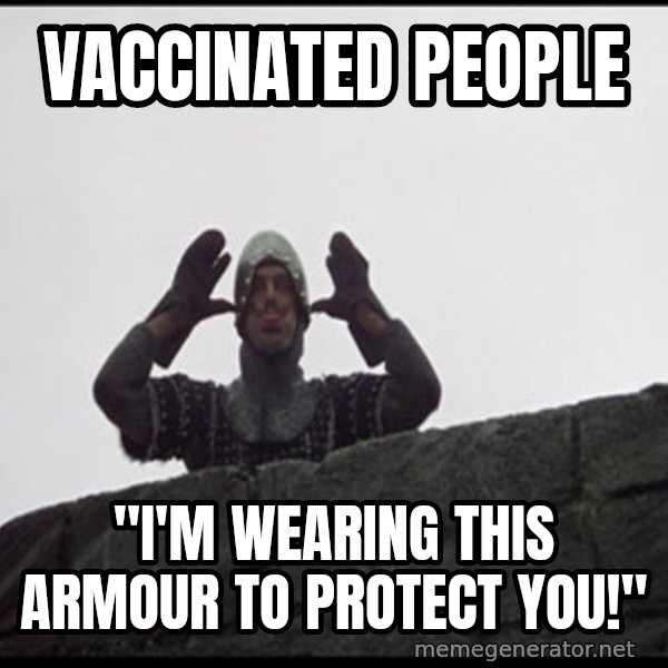 Monty Python French Knight Taunt meme: Vaccinated people / "I'm wearing this armour to protect you!"