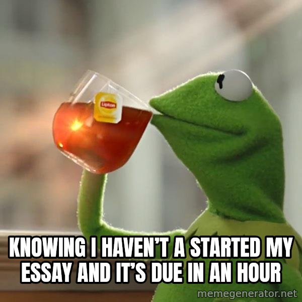 Kermit The Frog Drinking Tea meme: Knowing I haven’t a started my essay and it’s due in an hour