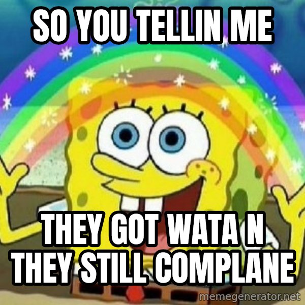 See? Nobody Cares meme: So you tellin me / they got wata n they still complane