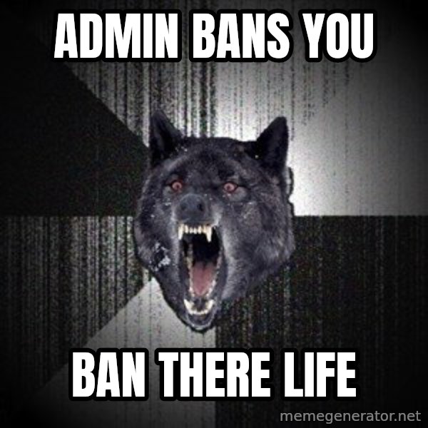 Insanity Wolf meme: Admin bans you / BAN THERE LIFE