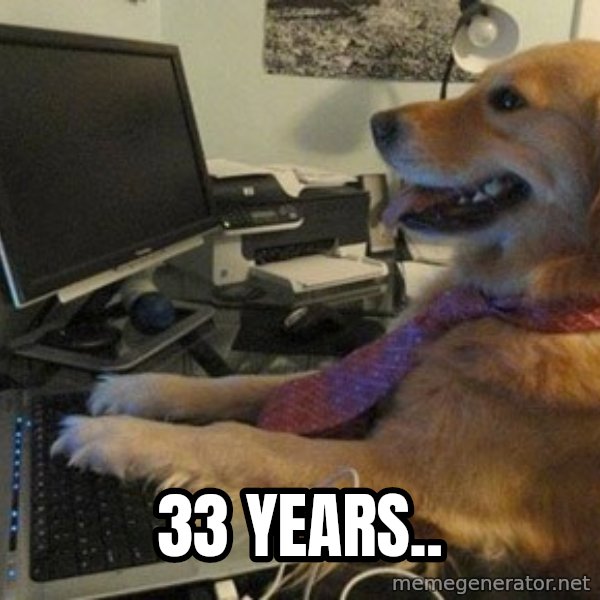 I have no idea what I'm doing - Dog with Tie meme: 33 years..