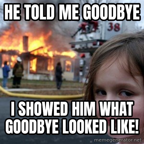 Disaster Girl meme: He told me goodbye / I showed him what goodbye looked like!