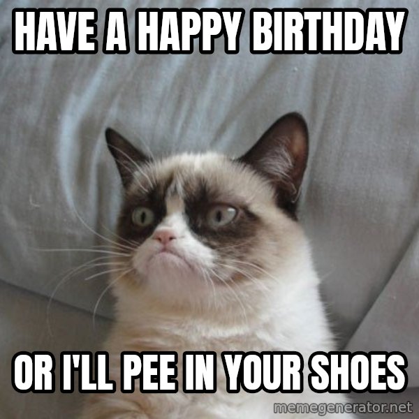 Grumpy cat good meme: Have a happy birthday / Or I'll pee in your shoes